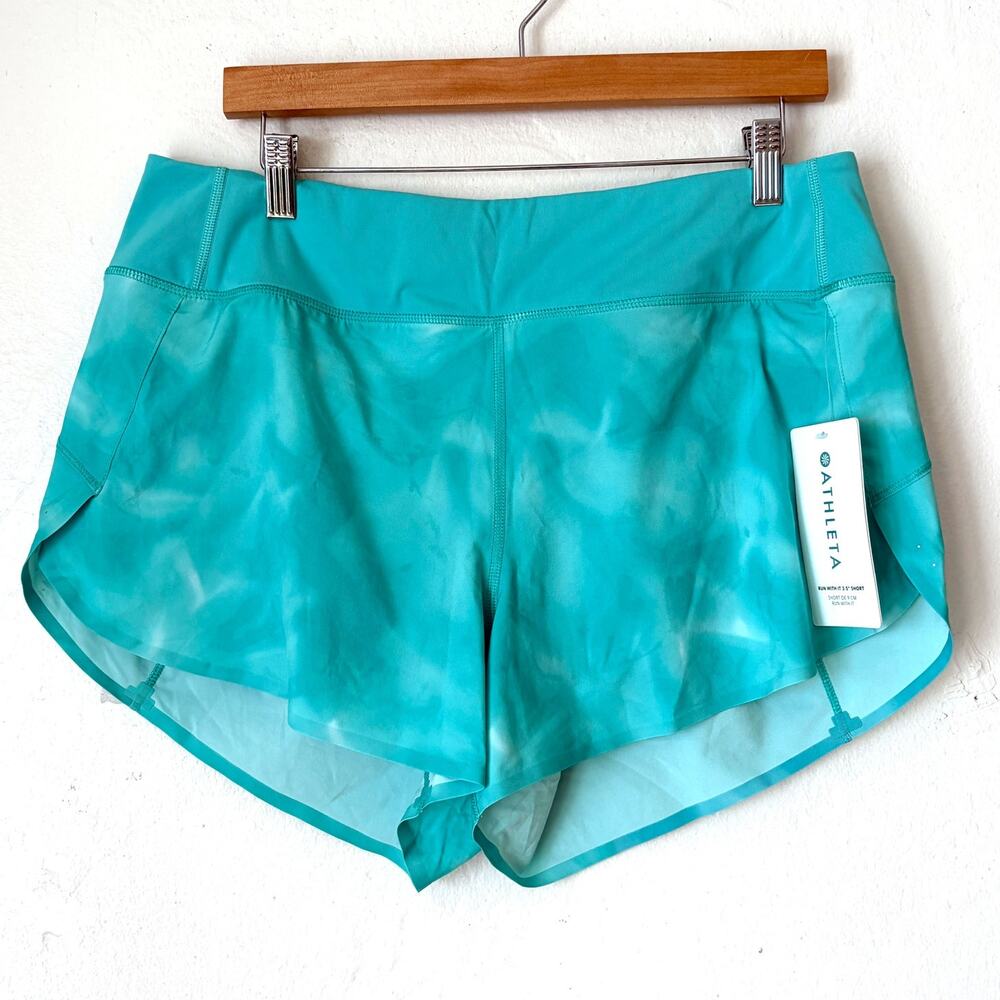 Athleta NWT Run With It 3.5" Running Shorts Turquoise Blue Tie Dye Size L